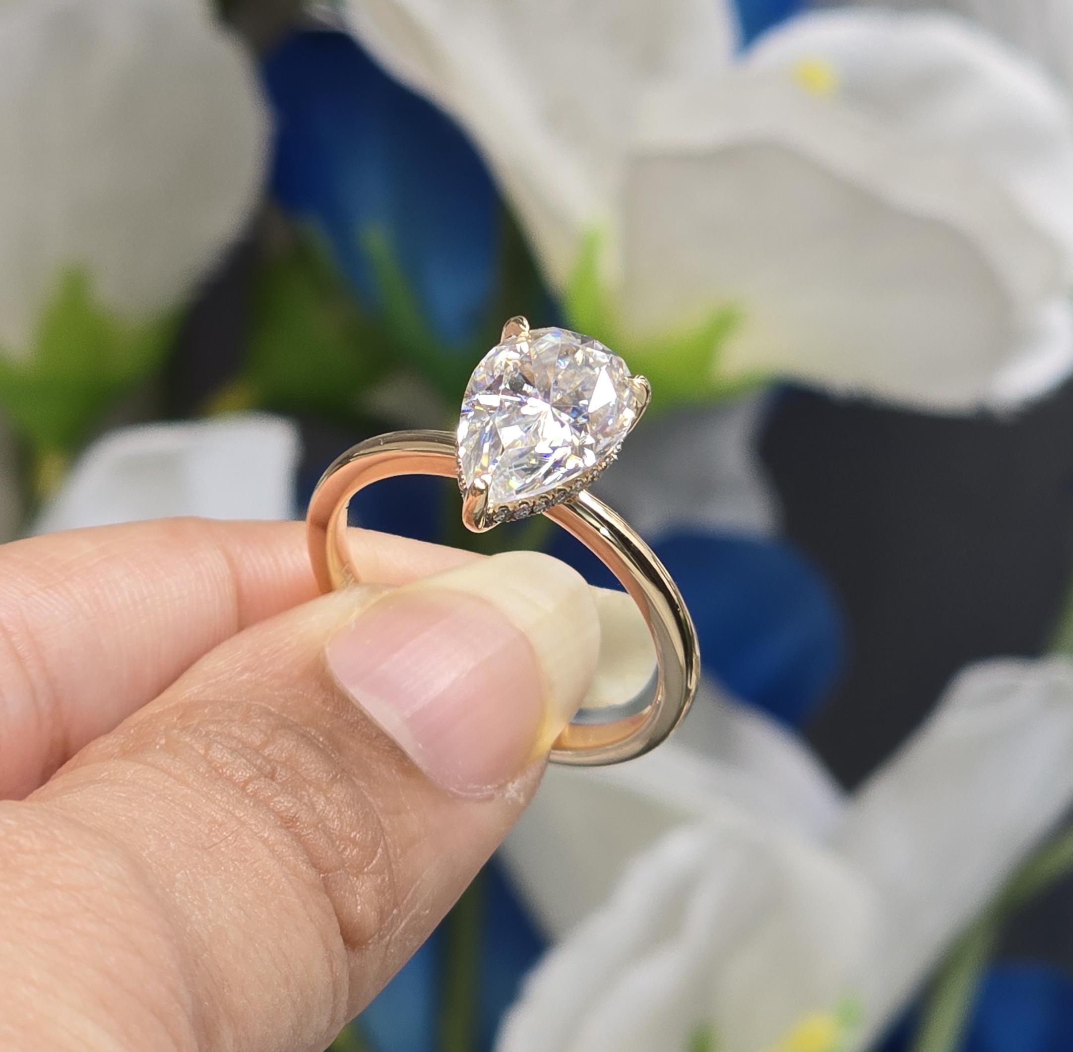 Solid 10k Yellow Gold Pear Shaped Moissanite Engagement Ring, 3ct Hidden Halo Diamond Ring, Solitaire Pear Teardrop Wedding Ring Plain Band