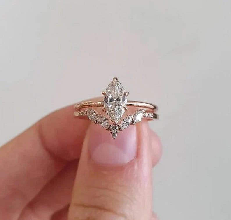 Dainty Marquise Cut Moissanite Wedding Set, Unique Engagement Bridal ...