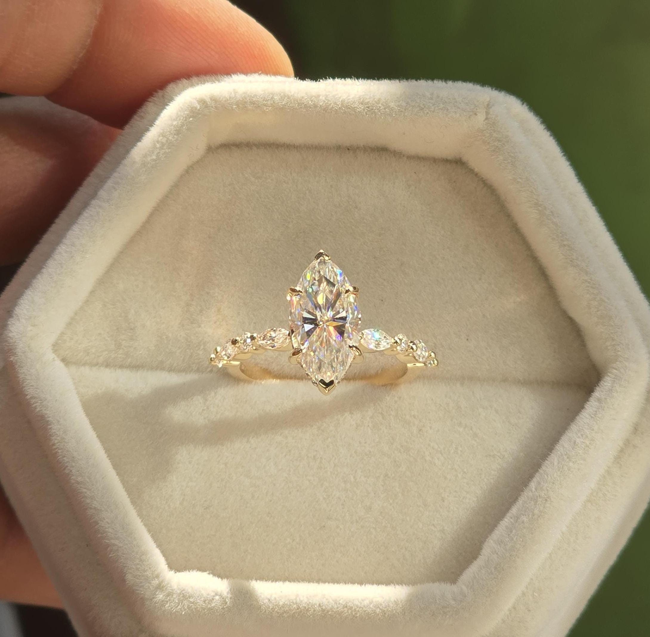 Marquise & Round Cut Promise Wedding Band, 2ct Marquise Cut Moissanite Engagement Ring, Hidden Halo Anniversary Ring Gift for Women