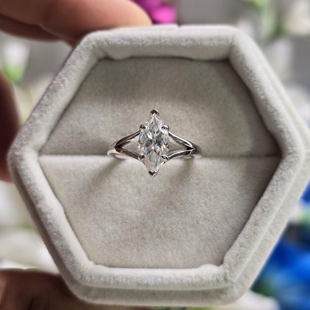 Split Shank Marquise Cut Moissanite Engagement Ring in 14k White Gold ...