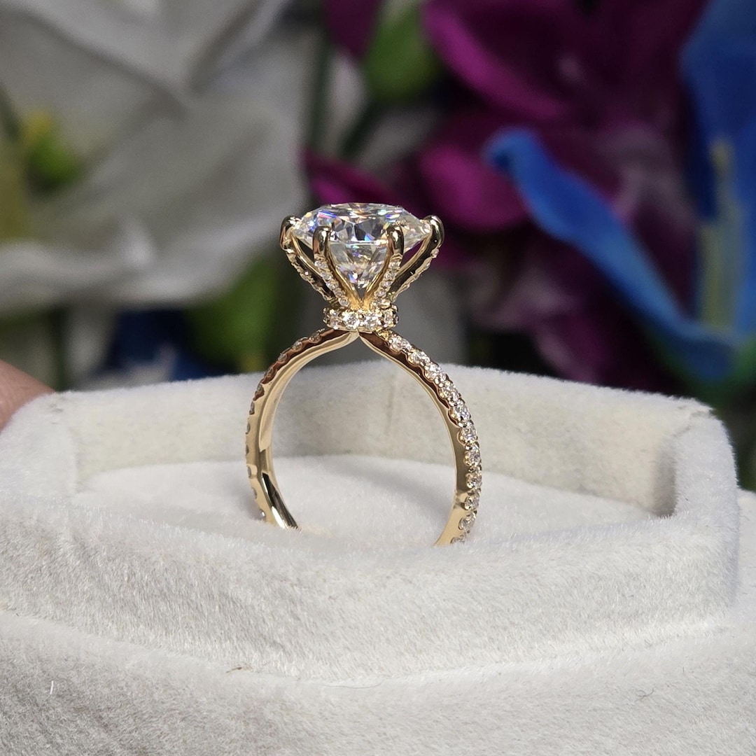 High Setting Rings Round Antique Hidden Halo Pave Engagement Ring, Big 4 CT Round Cut Colorless ...