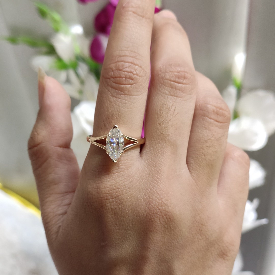 Split Shank Engagement Ring, Marquise Cut Solitaire Moissanite