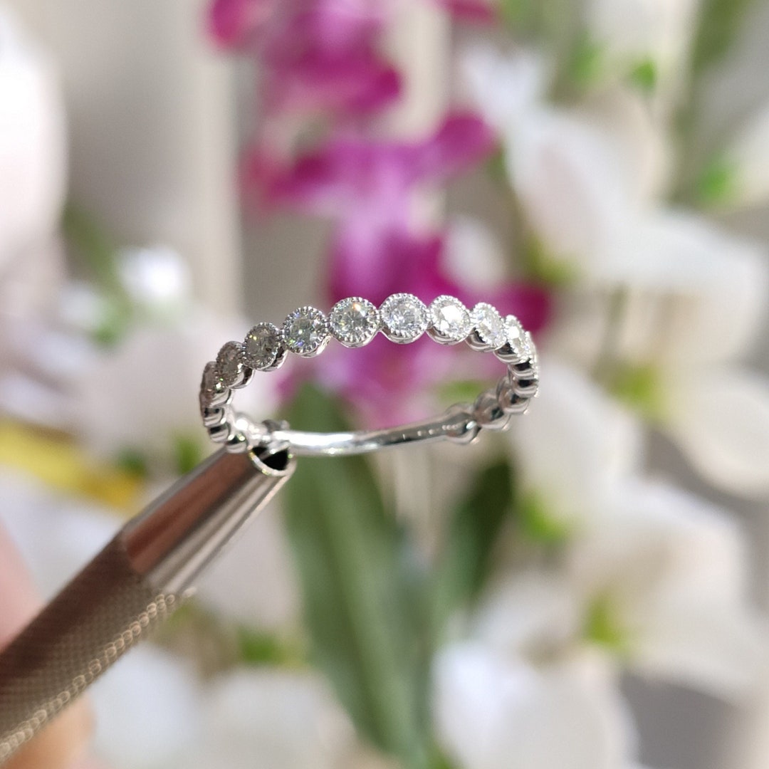 Vintage Round Cut Moissanite Wedding Band/milgrain Eternity Women ...