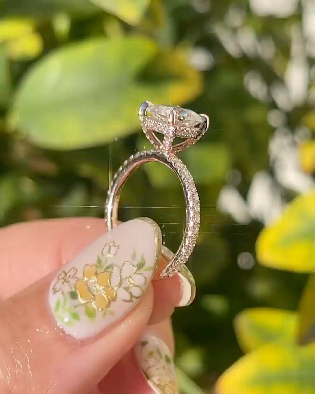 Cushion Cut Moissanite Engagement Ring With Hidden Halo, Vintage Pave