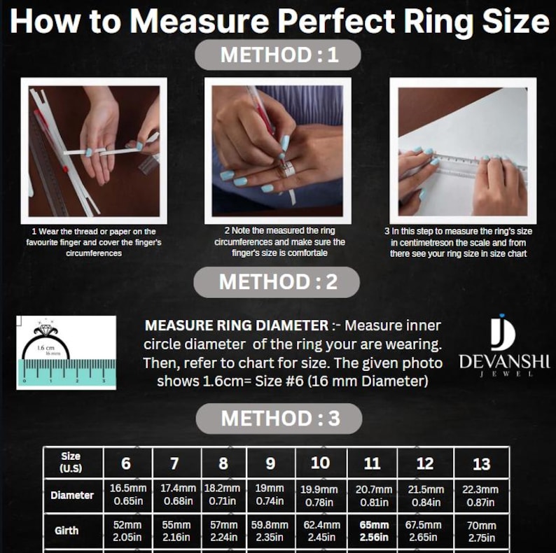 May include: Image showing three methods to measure ring size. Method 1 uses thread, method 2 measures the ring's inner diameter, and method 3 provides a size chart. The chart includes U.S. sizes 6-13, with corresponding diameters in inches and millimeters, and girth measurements.