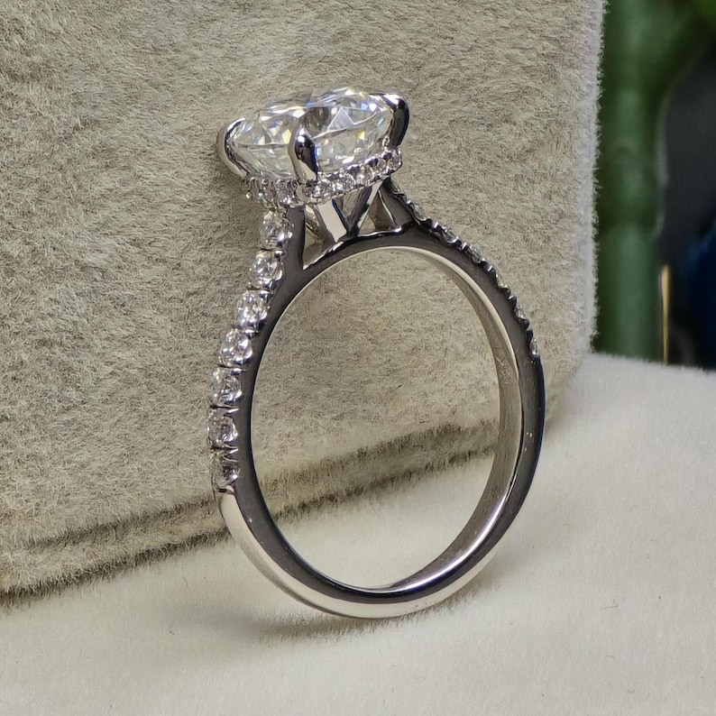 Vintage Cathedral Setting 2.00ct Cushion Cut Engagement Ring, Solid 14k Gold Hidden Halo Cushion Cut Ring, Pave Half Eternity Wedding Ring image 5