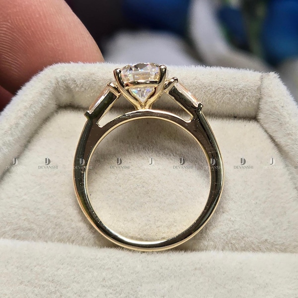 Vintage Cathedral Setting Three Stone Engagement Ring, 2.50ct Oval Cut Moissanite Ring with Side Tapered Baguette, 14k Gold 3 Stone Ring