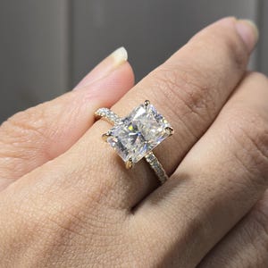 Radiant Cut Moissanite Engagement Ring, Unique Half Eternity Wedding Ring for Women, Hidden Halo Anniversary Ring, Moissanite Jewelry