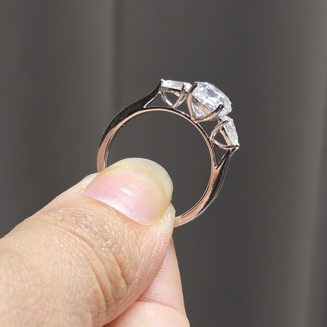 Three Stone Oval Cut Moissanite Engagement Ring, 10k White Gold