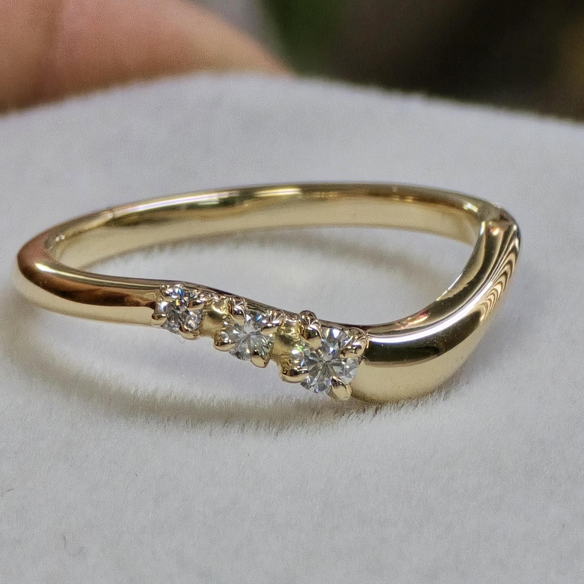 3 Stone Curved Wedding Band Women, 10k/14k/18k Yellow Gold Round Colorless Moissanite Band, Minimalist Stackable Matching Proposal Ring Gift