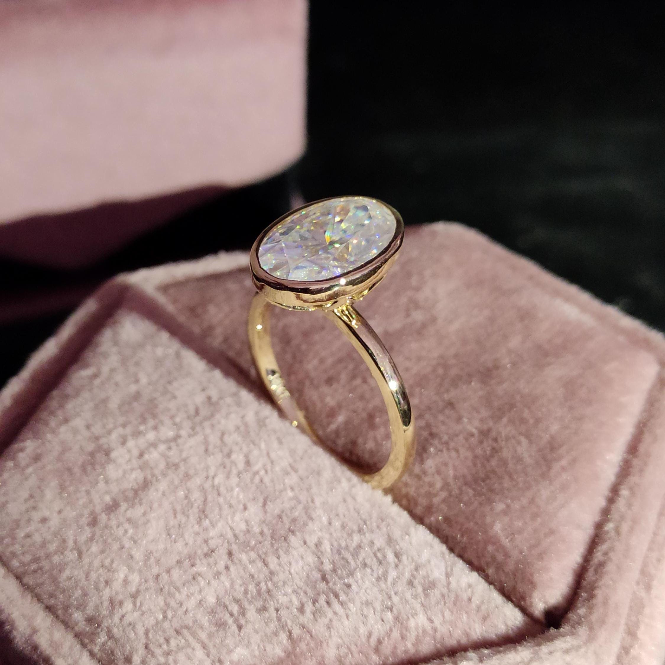 Unique Oval Moissanite Engagement Ring, Vintage Bezel Tulip Setting Engagement Ring, Large Stone Oval Solitaire Diamond Flower Ring in Gold
