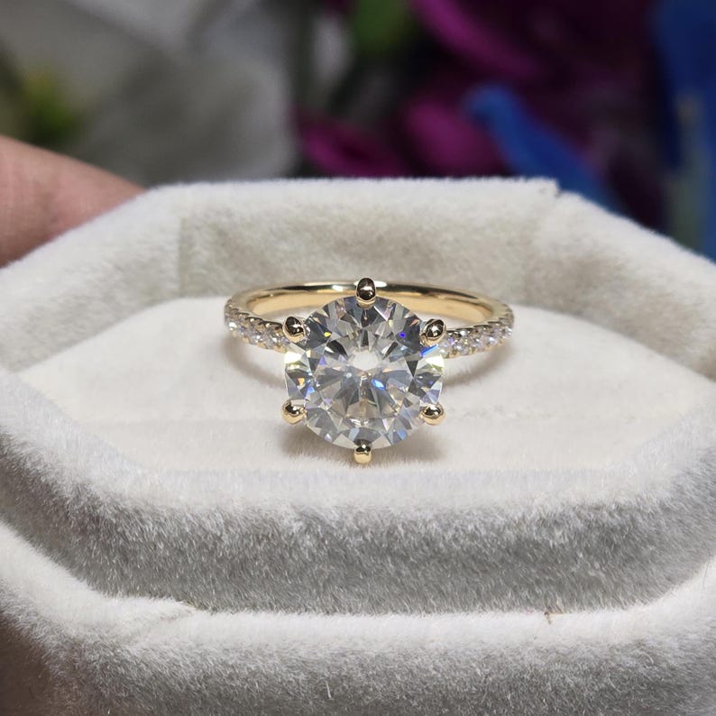 High Setting Rings Round Antique Hidden Halo Pave Engagement Ring, Big 4 CT Round Cut Colorless ...