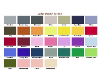 May include: A colour chart titled "Leder Design Farben" displays a variety of leather design colours. The chart includes shades like Charcoal, Rose, and Mint, with each colour labelled in German.