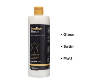 May include: A clear bottle of Furniture Clinic Leather Finish, a strong coating used to seal leather. The bottle has a black label with white text and a picture of a piece of leather. The label also lists the product's features: soft and silky finish, excellent scuff resistance, extremely flexible, and water resistant. The bottle is on a white background with black text listing the different finishes available: Gloss, Satin, and Matt.