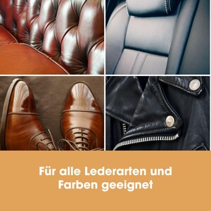 May include: Close-up of various leather surfaces, including a brown leather sofa, a black leather car seat, brown leather shoes, and a black leather jacket. The text "F&uuml;r alle Lederarten und Farben geeignet" is displayed on a yellow background.