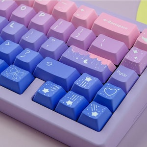136PCS Star Moon Theme Keycap Set, Gradient Pink Blue Keycaps, PBT Keycap, Cherry Keycap, Backlit Keycap, MX Mechanical Keyboard Keycap,Gift