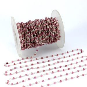 Natural Pink Tourmaline Round Faceted Rosary Chain, 2mm Pink Tourmaline Wire Wrapped Rosary Beaded Chain, Faceted Jewelry Crafts Chains