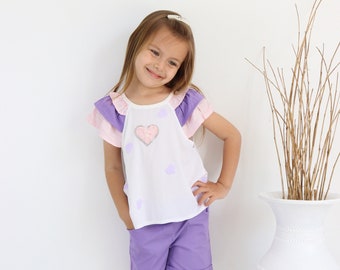 Girl's blouse, layered ruffles, heart accessory and shorts set