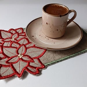 May include: A cup of coffee sits on a saucer and a decorative coaster. The cup and saucer are light brown with dark brown speckles. The coaster is tan with a red poinsettia design and a green border.
