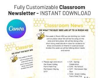 Bee Theme Classroom Newsletter Template - Fully Customizable - Instant Download - Preschool - Elementary School - Teacher Tools