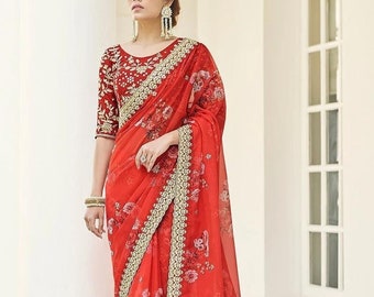 Red Color Saree Sari With Stitched Blouse Ready to Wear Indian Designer ...