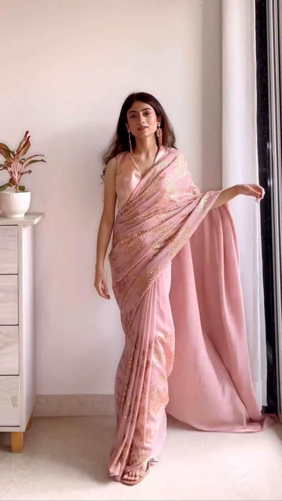 Light Pink Saree Sari With Stitched Blouse Ready to Wear Indian