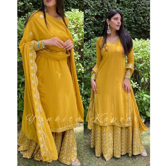 Mustard Yellow Georgette Embroidered Mother Daughter Sharara Suit Combo  Indian Designer Bollywood Sharara Suit Set - Etsy