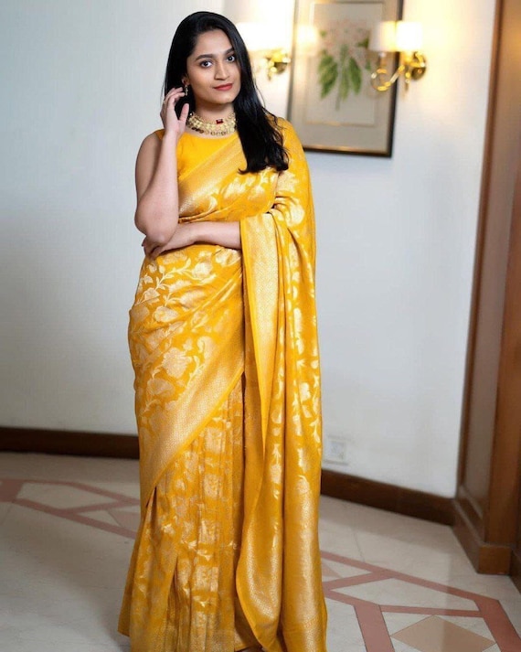 Yellow Saree Sari With Stitched Blouse Ready to Wear Silk Saree