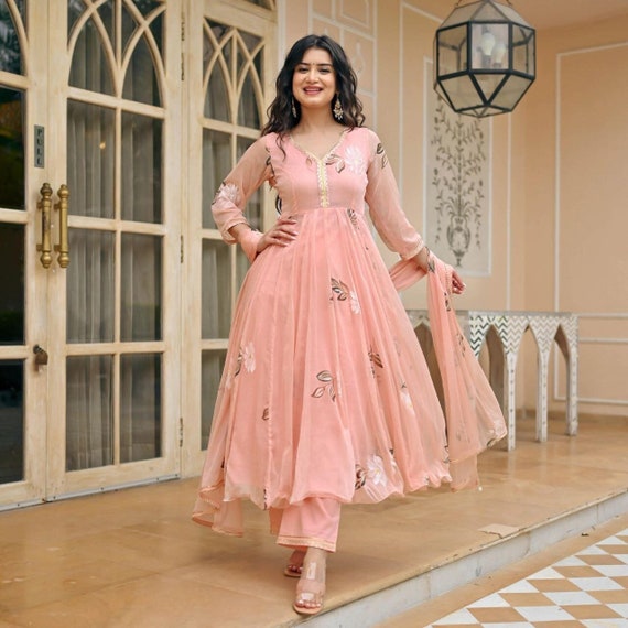 Buy Color Bucket Peach Net Embroidered Semi Stitched Anarkali Gown (Free  Size) Online at Best Prices in India - JioMart.