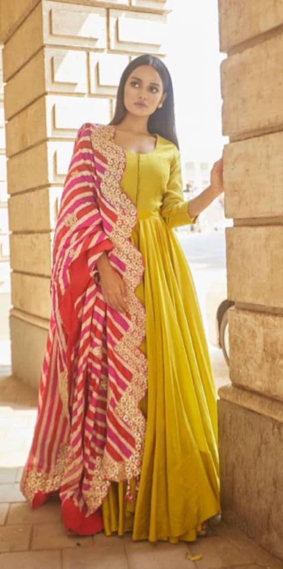 Dusty yellow silk festive and party wear gown - G3-GGO0797 | G3fashion.com