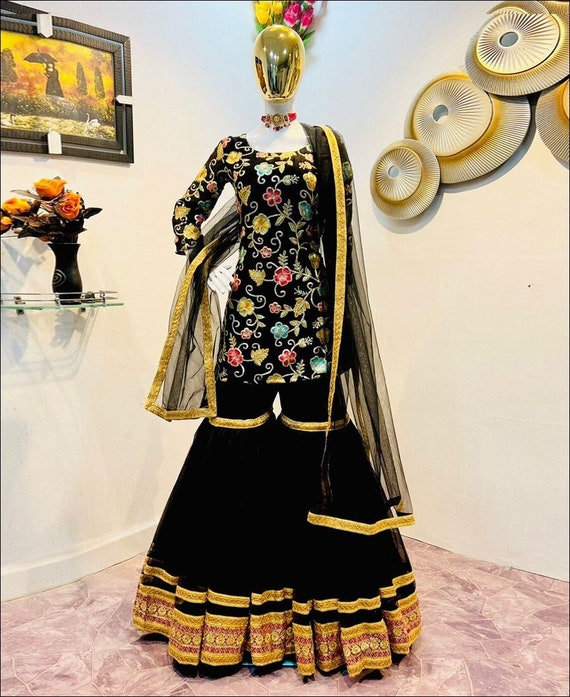 Buy Designer Black Sharara Suit With Embroidery and Sequins Work, Indian  Pakistani Wedding Wear, Palazzo Suits, Pakistani Suit Online in India - Etsy