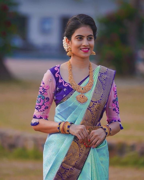 Buy Light Pink Sky Blue Saree Sari With Stitched Blouse Indian Online in  India - Etsy