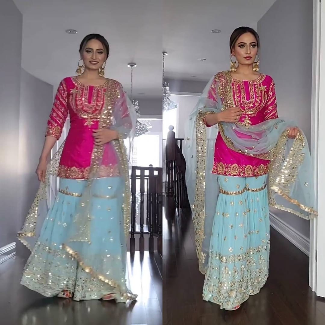 Sharara Top Style Pink Heavy Chinon Lehenga Skirt Suit