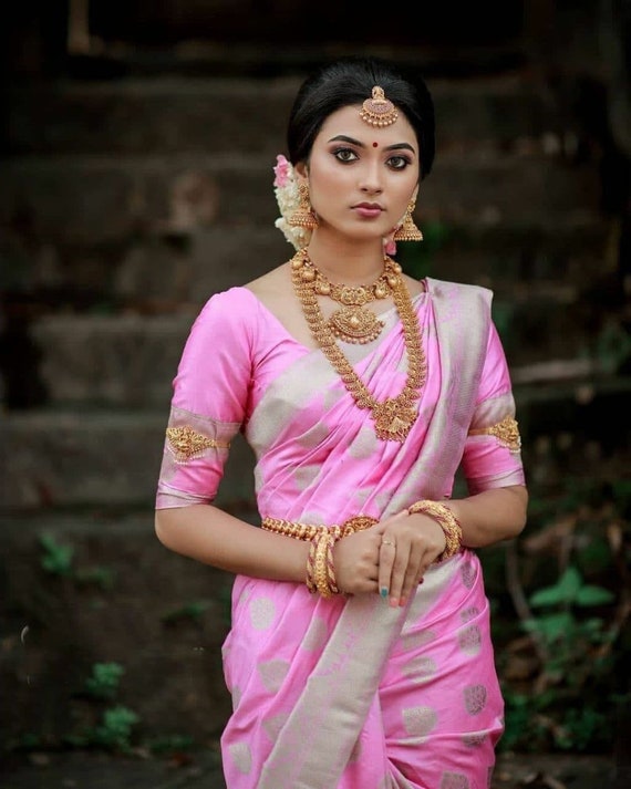 Light Pink Saree Sari With Stitched Blouse Ready to Wear Silk