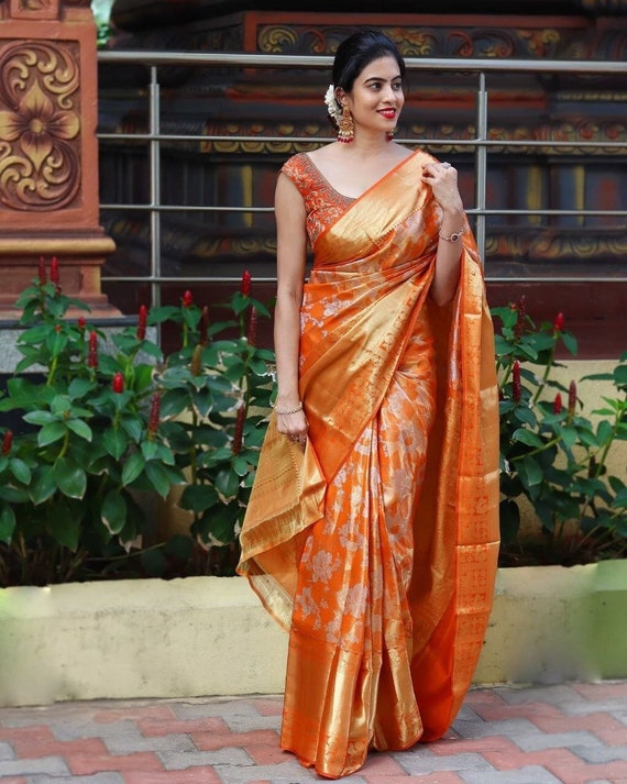 Buy Orange Saree Sequinned Fabric Rayna Pre-draped And Blouse Set For Women  by Moledro Online at Aza Fashions.