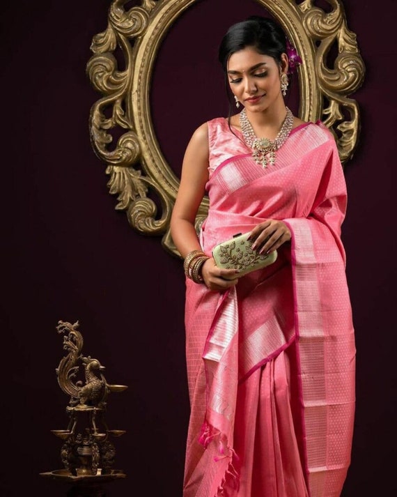 Pink Saree Sari With Stitched Blouse Ready to Wear Silk Saree