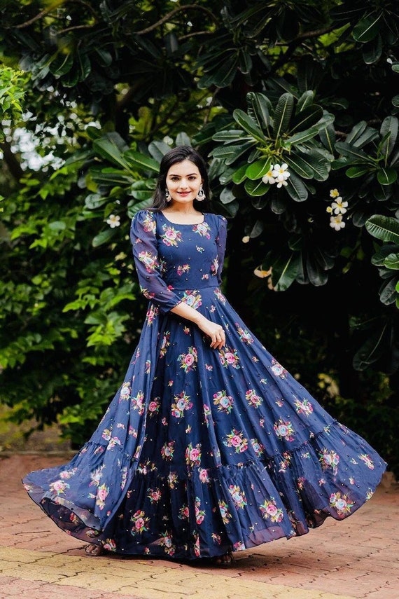 Flower Printed Navy Blue Gown Indian Designer Gown Ready to - Etsy Canada