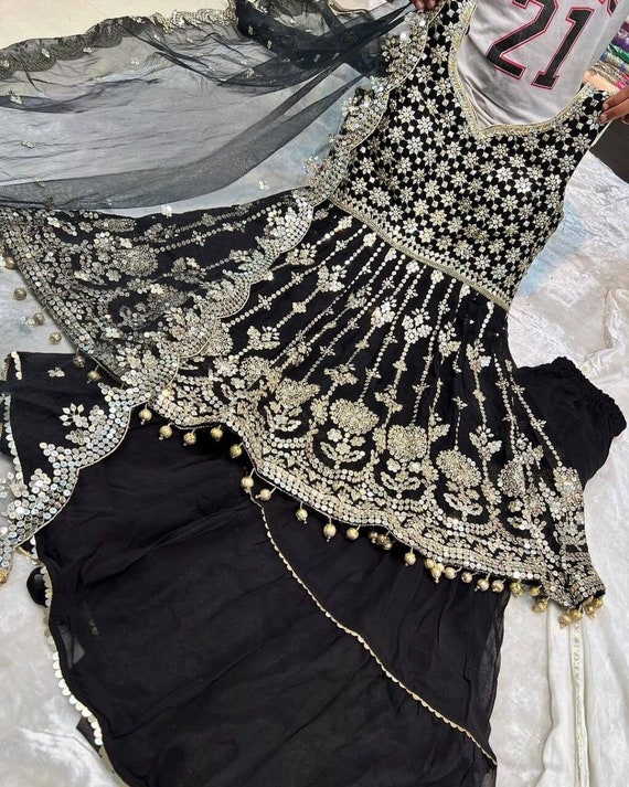 Mesmerizing Black Faux Georgette Embroidery & Stone Work Sharara Suit