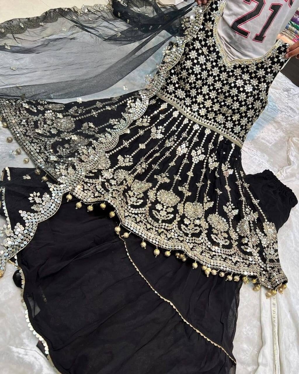 Buy Black Designer Partywear Salwar Kameez Sharara Suit Palazzo Size 3 –  ShreeFashionWear