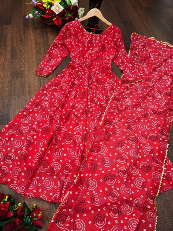 Anarkali Kurta Gown Women's Rayon Red Bandhani Print Embellished Women  Ethnic | eBay