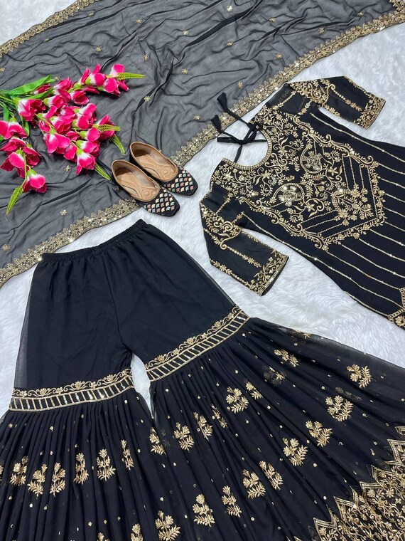 Buy Black Heavy Dolla Silk Designer Sharara Suit | Palazzo Salwar Suits