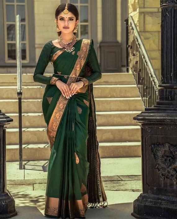 Saree, Green Saree, Silk Saree, Stitched Blouse, Ready to Wear Saree,  Designer Saree, Wedding Wear, Traditional Saree, Bridal Saree, RR-129 -   Norway