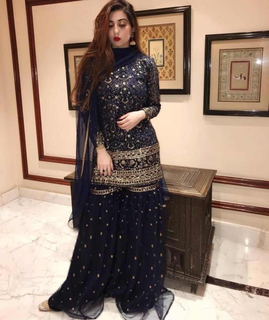 Navy Blue Net Palazzo Sharara Silk Embroidered Sequence Work - Etsy