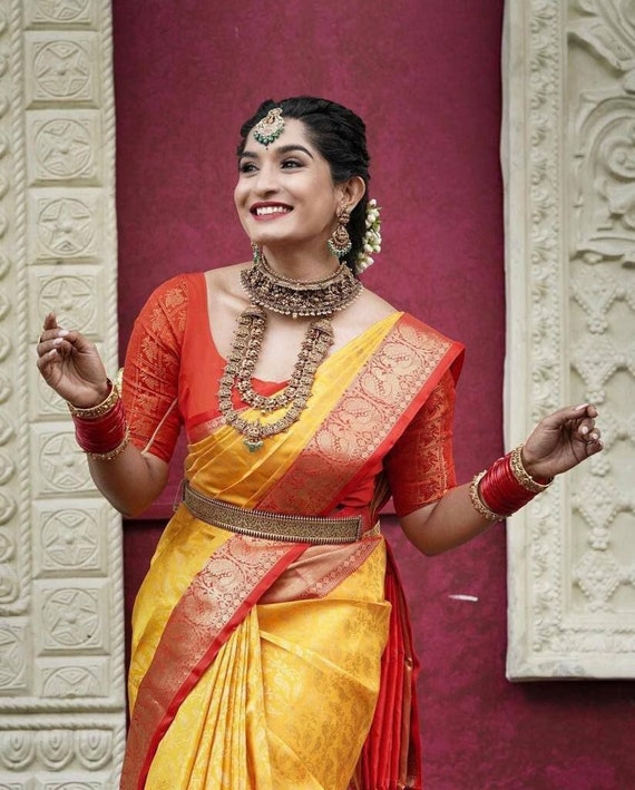 Yellow Red Saree Sari With Stitched Blouse Ready to Wear - Etsy Singapore