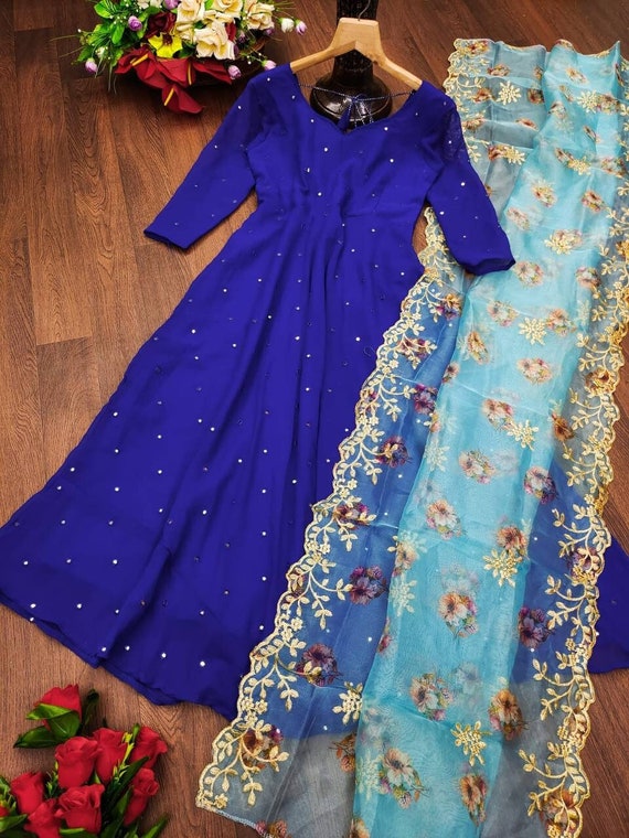 Bollywood Blue Dress Gown Embroidery shimmering Indian Diwali Eid Birthday  | eBay