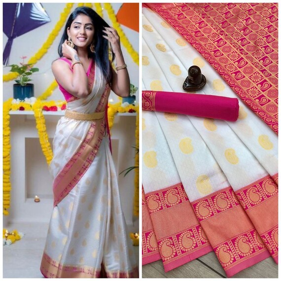 White Pink Saree Sari With Stitched Blouse Ready to Wear Silk