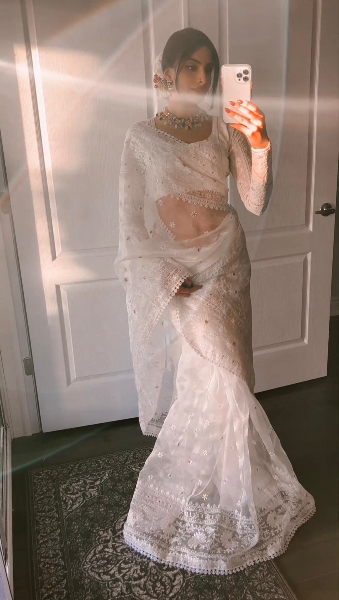 White saree with ready blouse main image 0