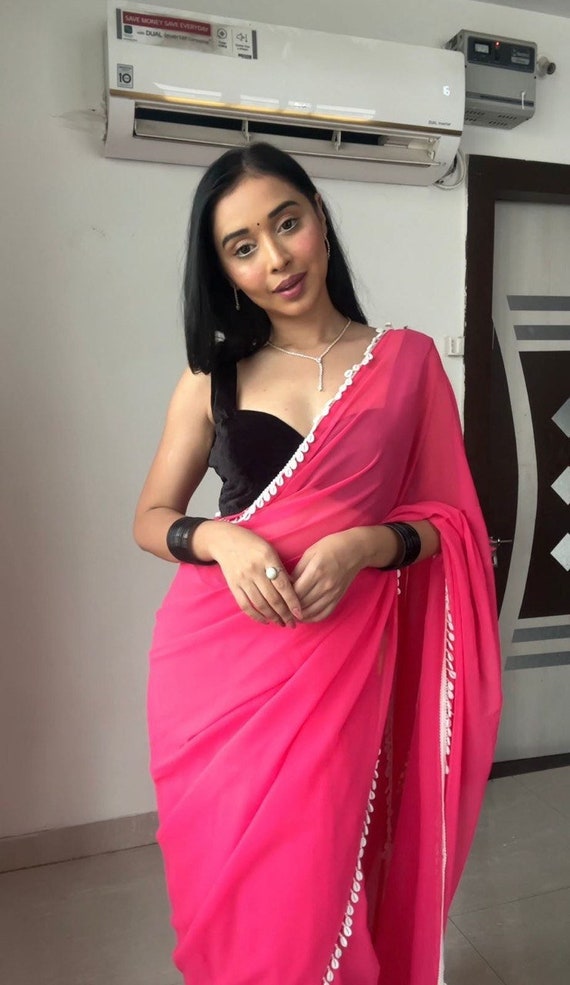 Buy Pink Saree With black Velvet blouse piece at Amazon.in