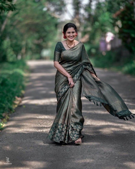 Saree, Green Saree, Silk Saree, Stitched Blouse, Designer Saree