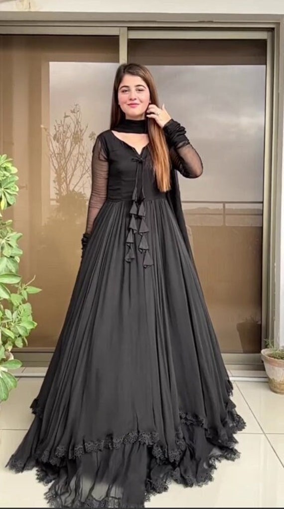 Soft Butterfly Net Party Wear Gown Black Color with Embroidery Work -  Wedding Wear Gown - Gown